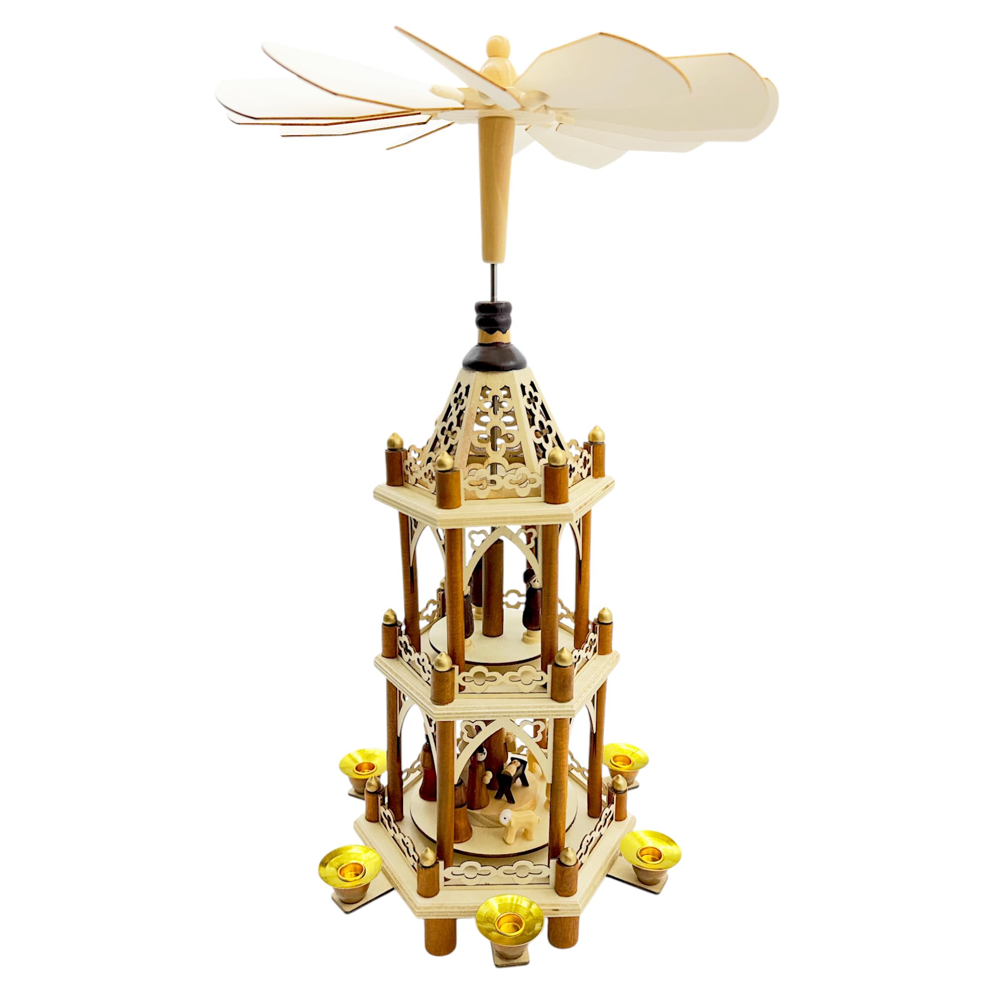 Wichtelstube-Kollektion Weihnachtspyramide Christi Geburt 3 Etagen Original 6 Pyramidenkerzen hochwertig Weihnachtsdeko Holz sehr leichtgängig Höhe 43cm
