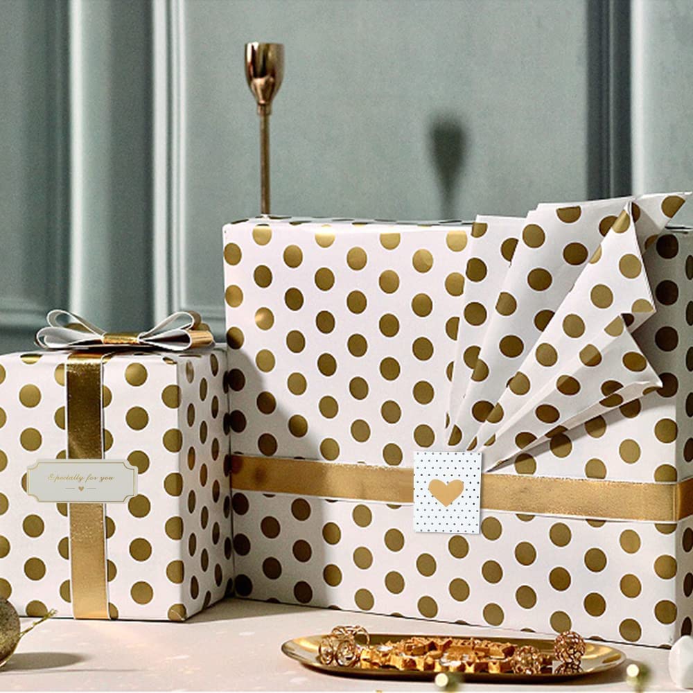 SYOSI Wrapping Paper Sheet White Gold Wrapping Paper Set, for Birthday Baby Shower Wedding Holiday 6 Sheets White Gold Wrapping Paper 2 Sheets Stickers 1 Roll Gold Ribbon