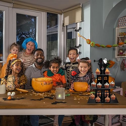 Miniatura 6 de Soporte para cupcakes de Halloween para fiesta de mesa de postre, 3 neumáticos, castillo negro, torre de magdalenas fantasmas para regalos de fiesta