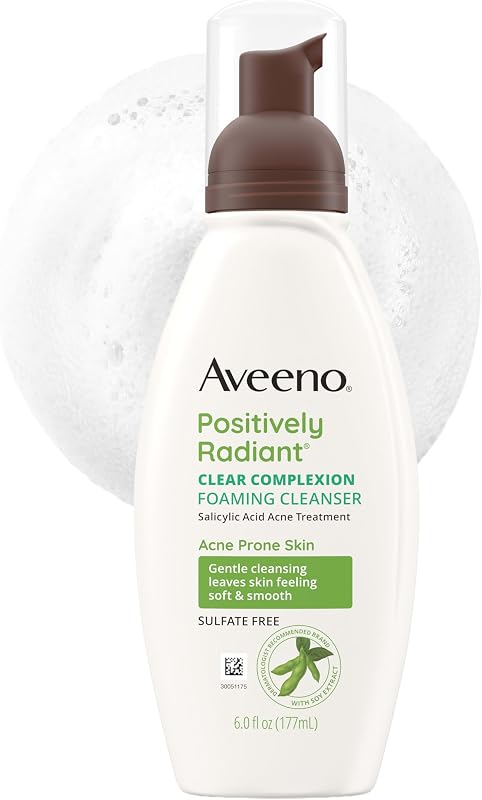 Limpiador facial espumoso Positively Radiant Clear Complexion, 6 fl. onzas | Limpiador facial con extracto de soja y 0,5 % de ácido salicílico, lavado facial para tratamiento del acné, sin aceite, hipoalergénico, sin sulfatos añadidos