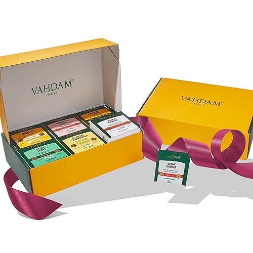 VAHDAM Kit de bienestar de tés de hierbas 6 sabores 15 bolsas de té cada una juegos de regalo de té de hierbas surtidos superalimento de