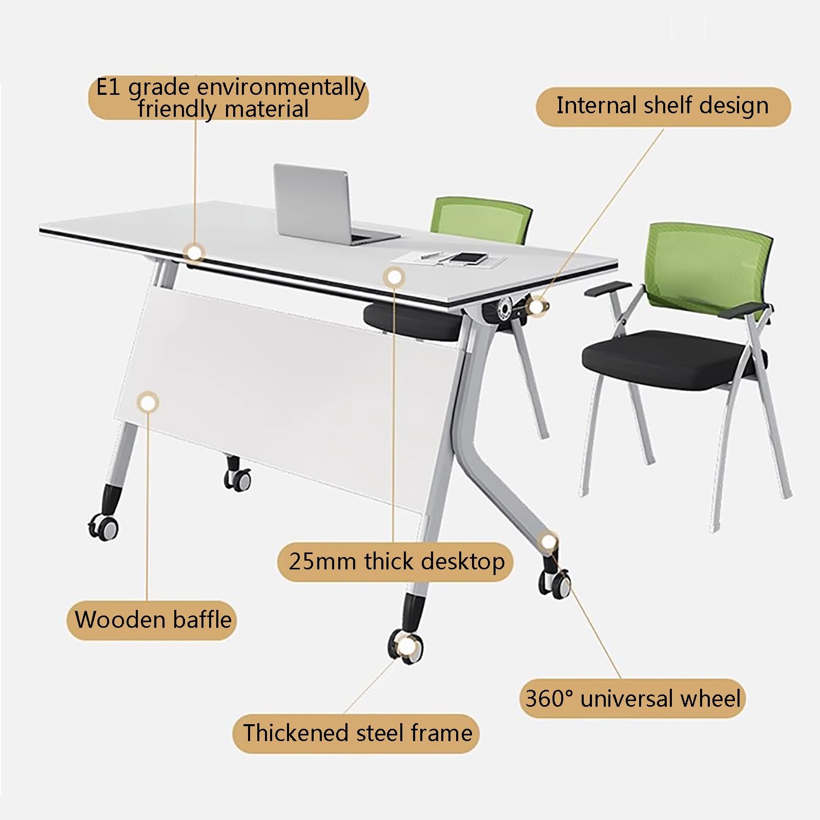 Mesa De Conferencias Moderna Blanca con Tapa Abatible, Escritorio Móvil para Capacitación con Ruedas con Bloqueo, Mesas De Sala De Reuniones con Patas De Metal Resistentes.