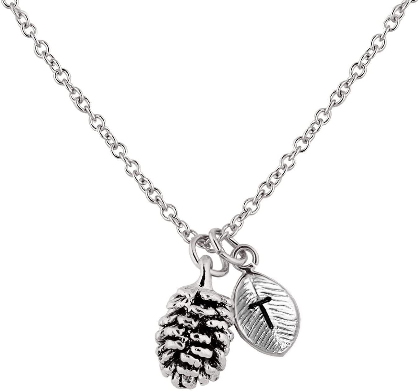 MignonandMignon Silver Dainty Pinecone Necklace Initial Necklace Nature Necklace Leaf Necklace for Her