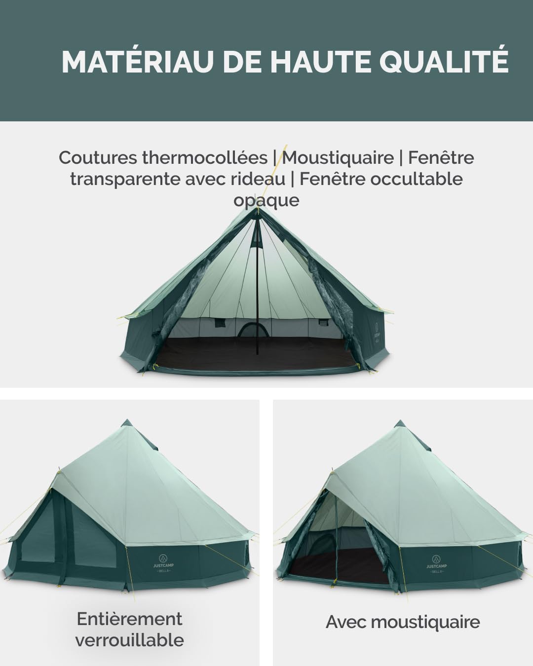 JUSTCAMP Bell 8 Tipi Tente - Tente de Camping extérieure 8 Personnes/Places (Jusqu’à 10), 4 Saisons, familiale, imperméable, Premium XXL géante - 4 x 4 x 2,5 m - 12,5kg - Menthe