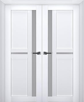 SARTODOORS Interior French Doors 60 x 96 inches | Veregio 7288 White | Double Swing Doors | Frosted Glass Solid Wood Hardware Included Modern | Living Room Office