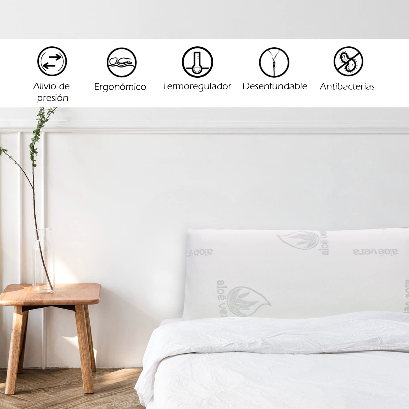 MERCURY TEXTIL- Almohada viscoelástica con núcleo 100% Viscoelástico, Tejido de Aloe Vera, Anti ácaros, Anti bacterias, Termorregulable y Ergonómica. Libera la presión Cervical (2 Unidades 70 cm)