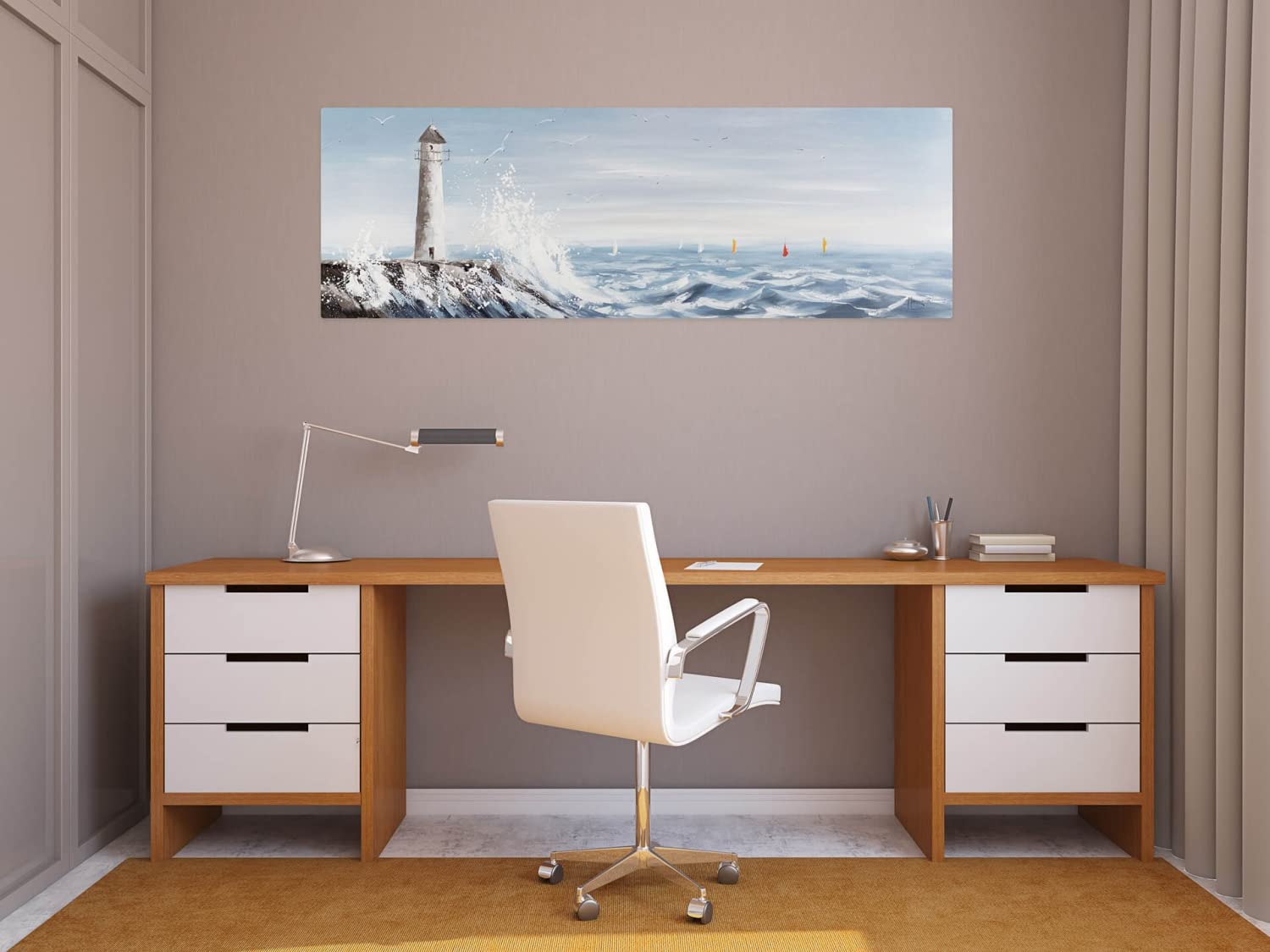 KunstLoft Tableau peinture moderne | 100% PEINT À LA MAIN | 150x50cm | Peinture sur toile 'Phare en vue' | Phare | Bleu Blanc | Deco murale salon