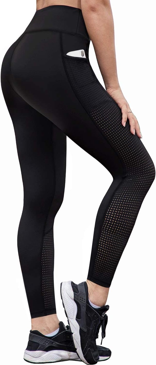 Womens Workout Leggings for Women with Pockets Plus Size Gym High Waist Capri Yoga Pants Women with Mesh Cut Out