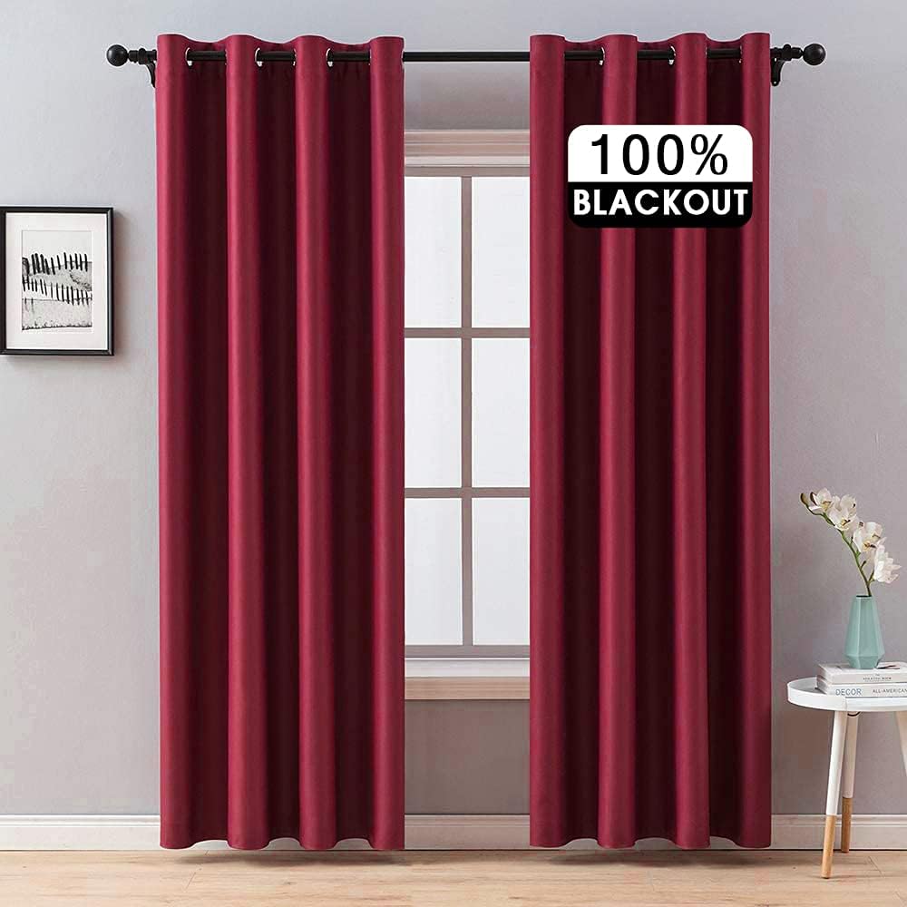 MIULEE 100% Blackout Curtains Thermal Insulated Solid Grommet Curtains/Drapes/Shades for Bedroom Living Room 2 Panels, 52" x 90", Burgundy Red