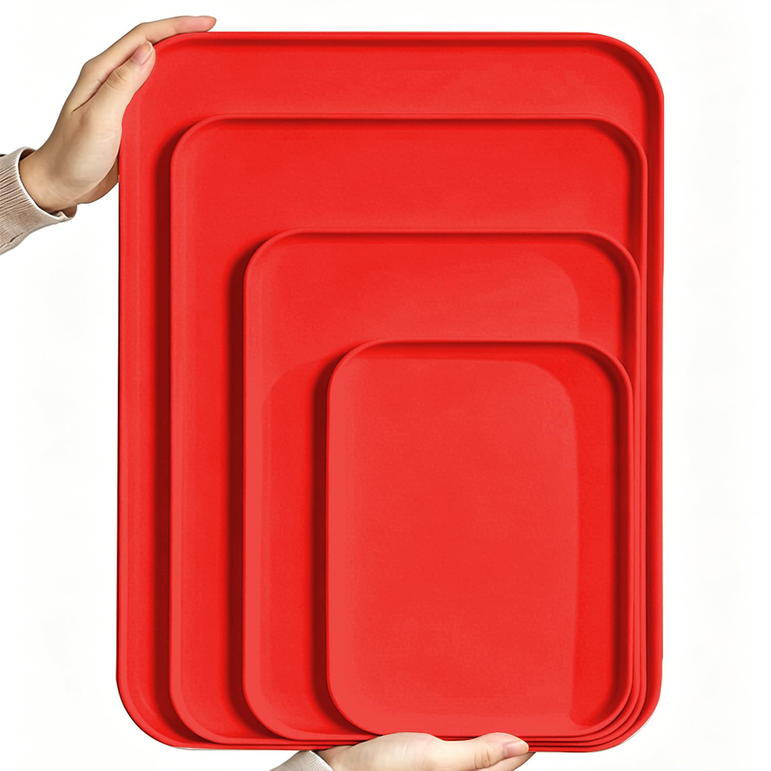 Rectangular Plastic Serving Trays,4 Packs Premium PP Food-Safe Platters Stackable Reusable Serving Trays for Kitchen Drinks Snacks Fruit Coffee Parties (Red,XL-38 * 26.5CM)