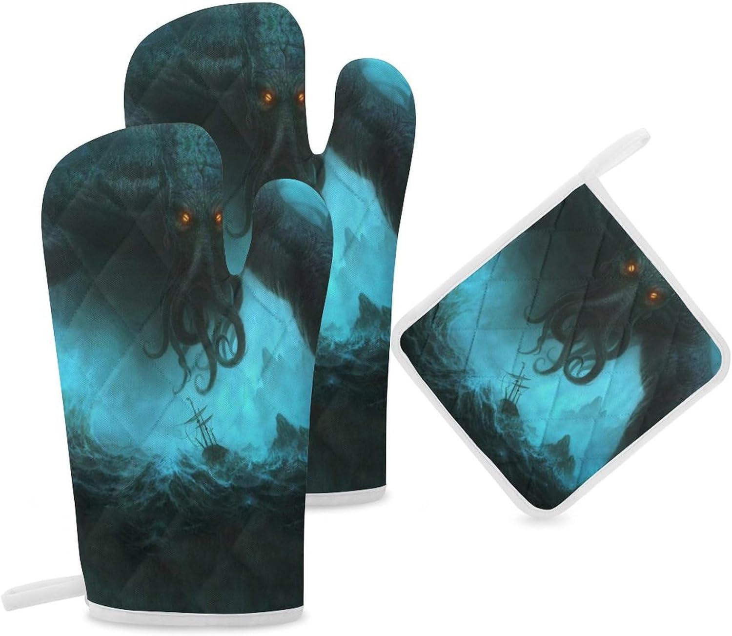 Cthulhu in Deep Ocean Print Oven Mitts and Pot Holders 3 Piece Sets Heat Resistant Gloves Hot Pads Potholders for Kitchen Baking Cooking