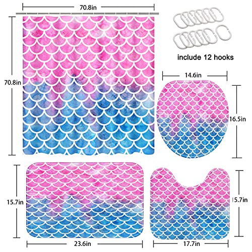 Mermaid Scales Bathroom Set With Shower Curtain And Rugs Accessories, Kids Sea Girl Princess Beauty Shower Curtain For Bathroom, Ocean Fish Abstract Bathroom Decor 4 Pcs #TOP4