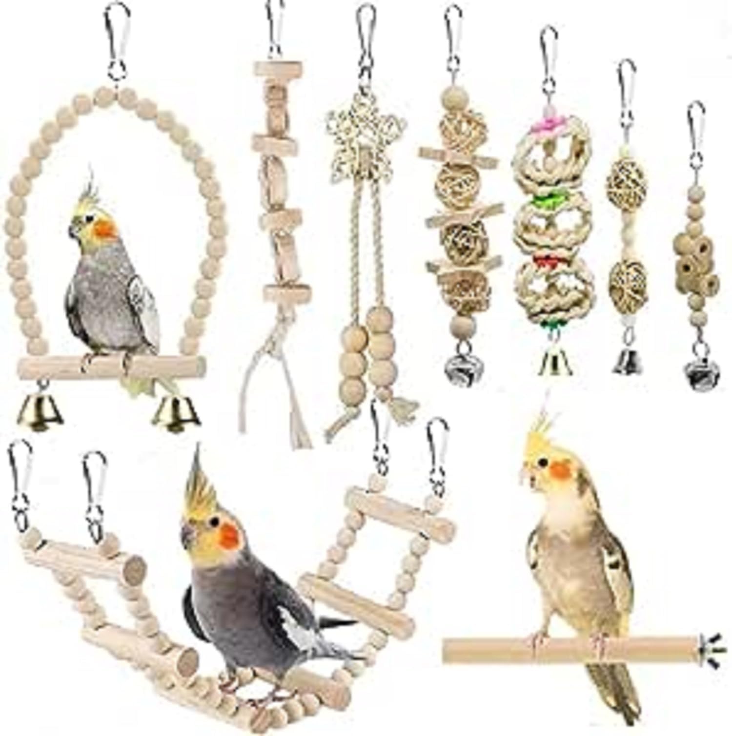 WOMDEE Bird Swing parrot Toys,9Pcs Hanging Swing Natural wood Bird Chewing Hanging Toys Set,Swing Climbing Ladders,Birds Cage Toys,Bird Parakeet Toys (WD-4626-KDM2)