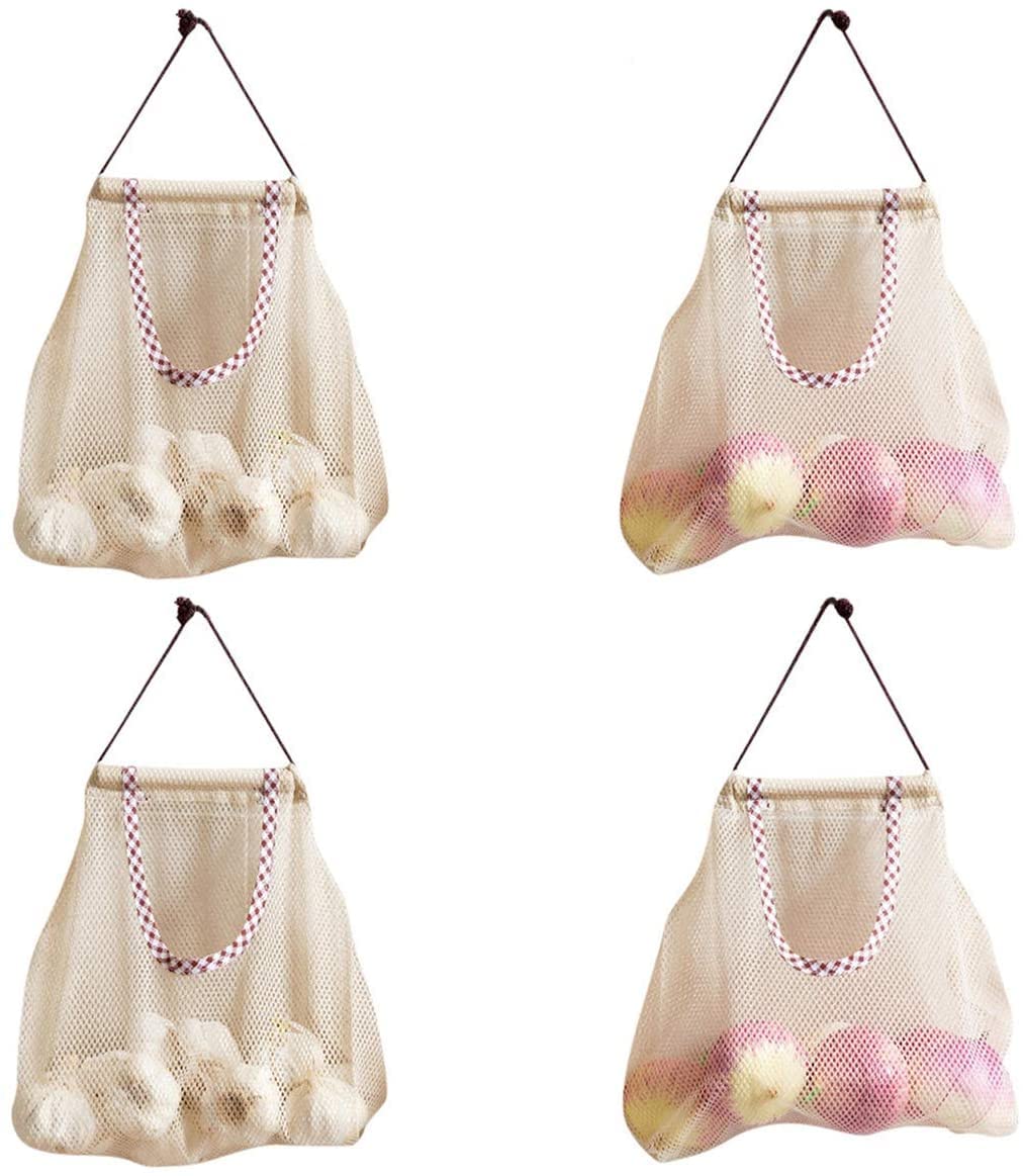 Mesh Bag for Vegetables, 4Pcs Multi-purpose Breathable Fruit Wall Hanging Bag, Reusable Grocery Storage Bags Kitchen Storage Holder Bags for Potatoes, Onions, Garlic, Vegetables, Fruit to Keep Fresh