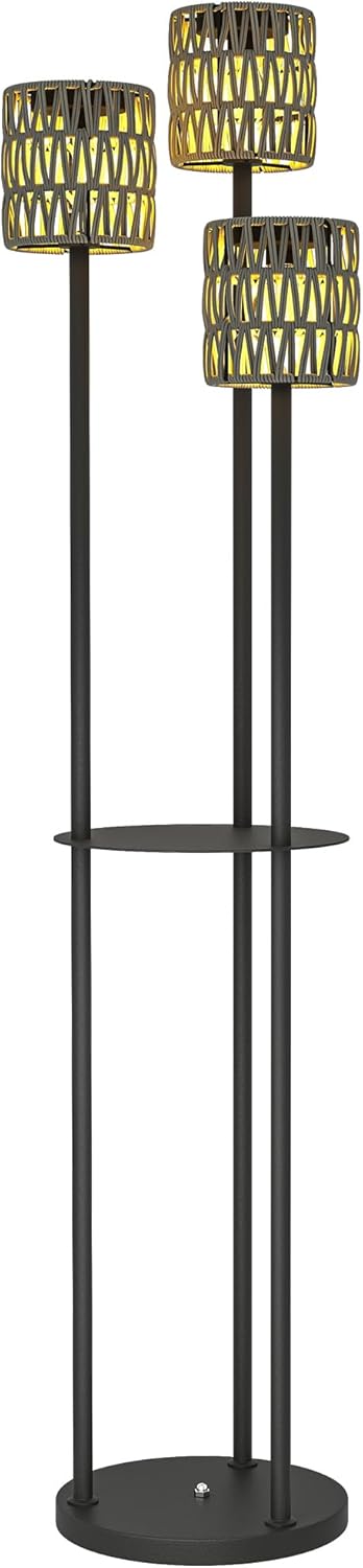 Outsunny Boho Rattan Floor Lamp, 3-Lights Rattan Lamp with Shelf, Freestanding Solar Garden Light with Auto On/Off Lights, IP44 Waterproof for Porch, Pathway, Terrace, Grey