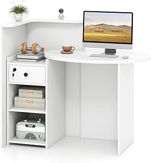 Tangkula Reception Desk, Front Counter Desk with Lockable Drawer & Adjustable Shelf, Oval Desktop, Retail Counter for Checkout, Computer Workstation for Salon Lobby Home Office