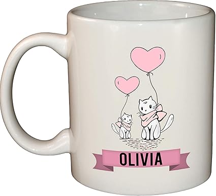 MB Prints Cats & Balloons Personalised Mug | Add Any Name | Custom Ceramic 11oz Novelty Gift