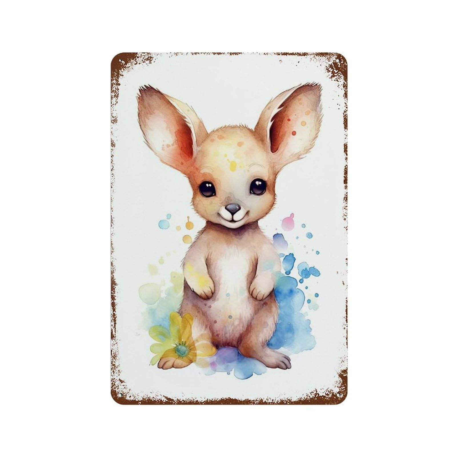 Rusty Metal Tin Sign with Watercolor Baby Kangaroo Design 11.8"x7.9", for Farmhouse, Kitchen And Entryway Decor, Classic Wall Plaque