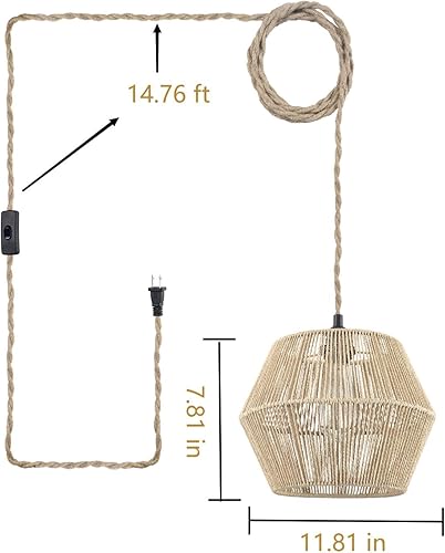Miniatura 5 de DANSEER Lámpara colgante con enchufe de cuerda de cáñamo con cable de enchufe, lámpara colgante bohemia tejida para cocina, isla de estar,