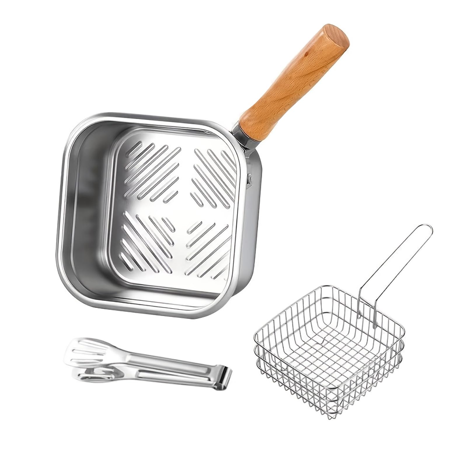 Stainless Steel Deep Fryer Pot Square Cooking Pot Frying Pan with Basket and Tongs,Multifunctional Kitchen Gadgets,Oil Saving Small Fryer for Fries, Fish, Shrimp, Chicken Wings, Mini Chips & Bacon