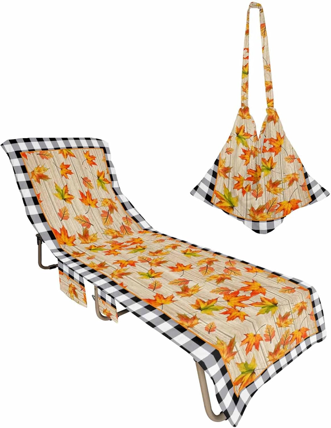 Orange Maple Leaf Beach Pool Patio Lounge Chaise Chair Cover Towel With Pockets,Absorbent & Quick Dry Microfiber Towel Cover Bag Summer Accessories Autumn Fall Leaves Rustic Black White Plaid