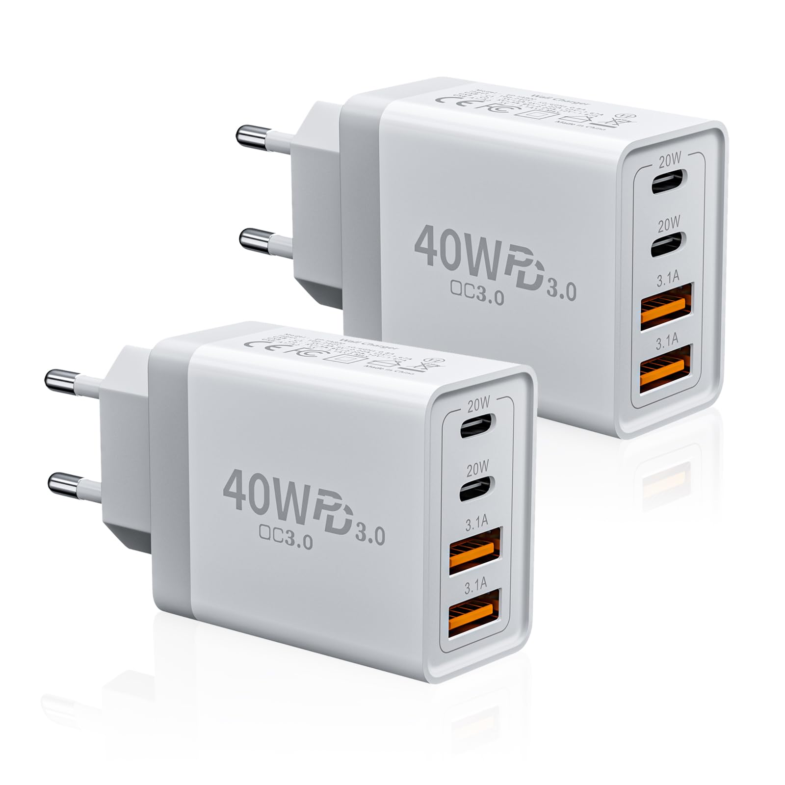 2 Pack USB C Charger, 40W 4-Port USB-C & USB-A Multiple Type C Fast Charger Power Adapter for iPhone 16 16e 15 14 Pro Max 13 12 11 SE 2020 XS XR 8 7, Samsung, Tablet