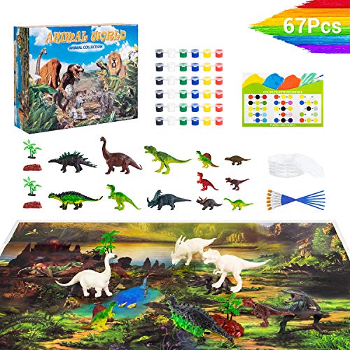67Pc Dinosaur Toys for Kids,Arts and Crafts Easter Crafts for Kids with Dinosaur Toy Mat for Boys Girls Age 3 4 5 6 7 89 10 Years Old Kid Creativity DIY Gift Paint Your Own Dinosaur Animal Set