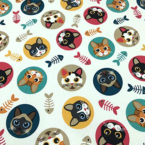 Kt KILOtela - Tela por Metros de Loneta Estampada - Ancho 280 cm - Largo a Elección de 50 en 50 cm | Gatos, raspas - Multicolor, Blanco