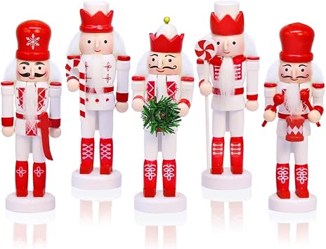 Jolik 5 PCS Christmas Nutcracker Ornament Set, Nutcracker Figures with Opening Mouths Christmas Decorations for Xmas Tree, Table Decor - Red White