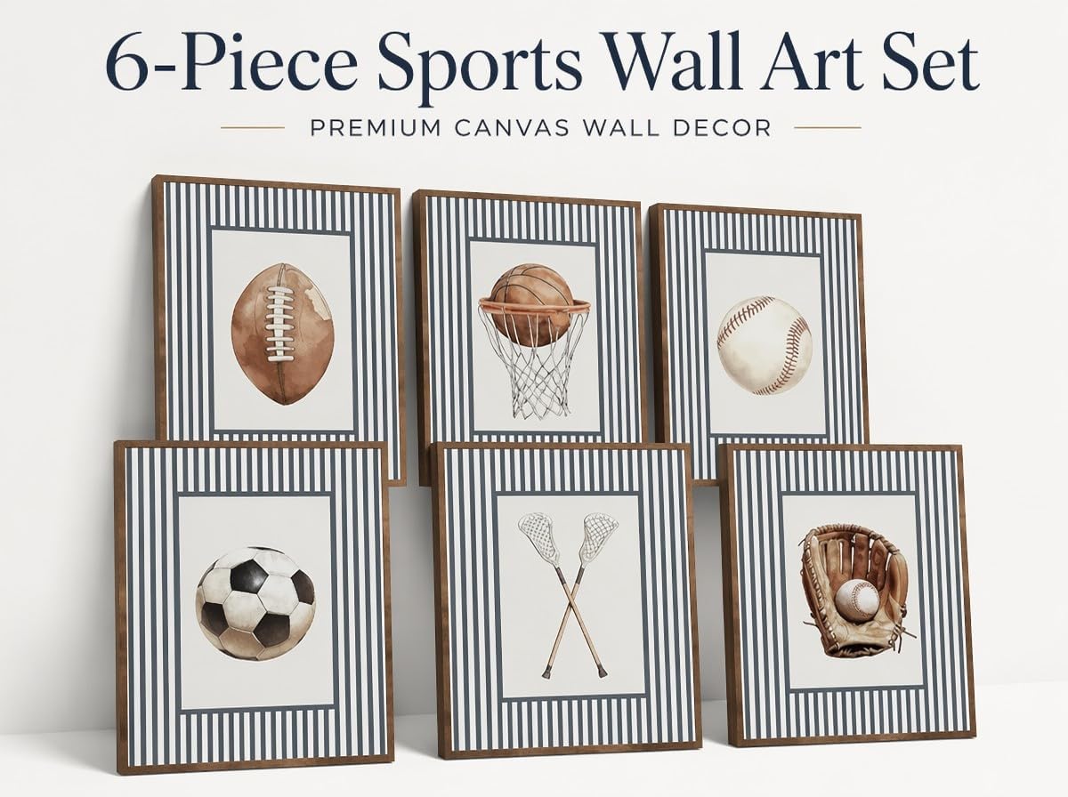 BVVEYKXX 6Pcs Vintage Sports Themed Wall Art Retro Ball Sports Boy's Room Posters Children's Room Wall Decor Baseball Football Soccer Basketball Prints Pictures for Kids Room Nursery 12x16in Unframed