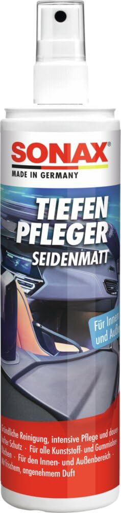 SONAX TiefenPfleger Seidenmatt (300 ml) Kunststoff- und Gummireiniger für Reinigung, intensive Pflege und dauerhafter Schutz für alle Kunststoff- und Gummi-Oberflächen | Art-Nr. 03830410