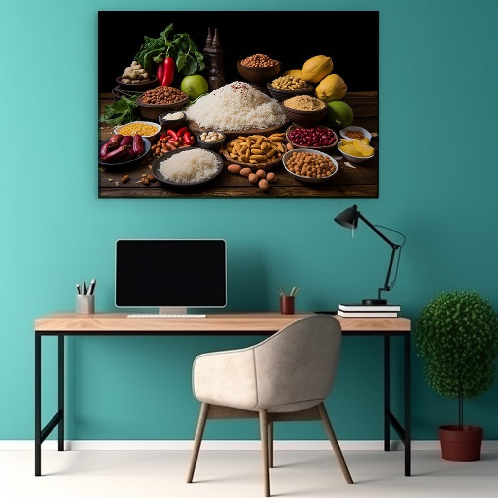 Canvas for Living room. A Feast of Natural Abundance - Discover the Rich Tapestry of Foods Gracing the Wooden Table's Bounty, 27 x 18 inch Canvas Wall Art - Modern Home Decor