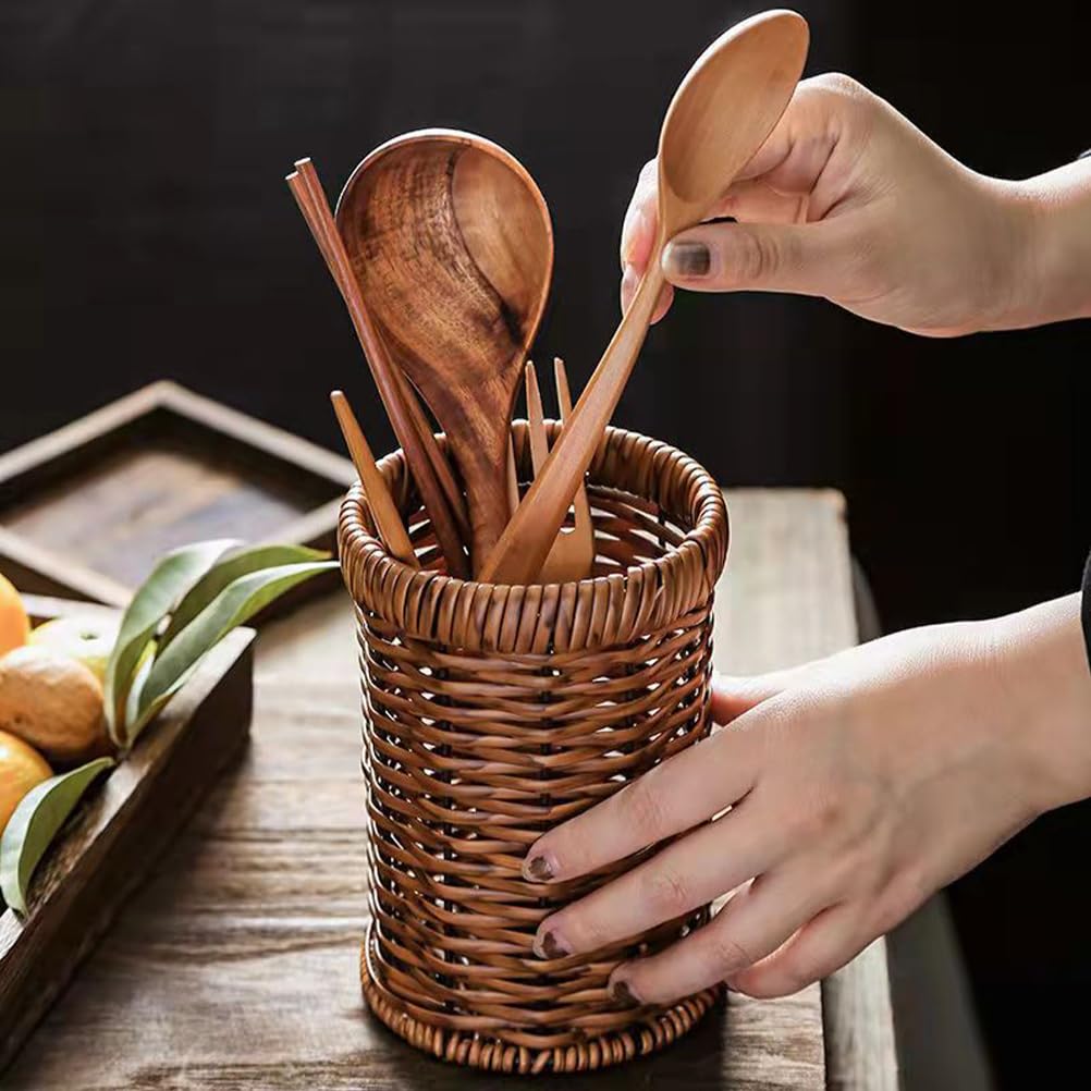 Przenośny tkany rattanowy uchwyt na sztućce do kuchennego bufetu i stołu - stylowy kompaktowy (15,60 cm x 10,39 cm x 10,39 cm) - idealny do domu i na imprezy