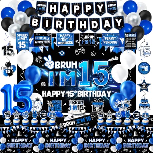 Mpanwen 15th Birthday Decorations for Boys, Blue Bruh Im 15 Year Old Party Supplies Decor for Boys 15th Birthday - Backdrop, Banner, Tablecloth, Centerpieces, Hanging Swirls, Wall Signs