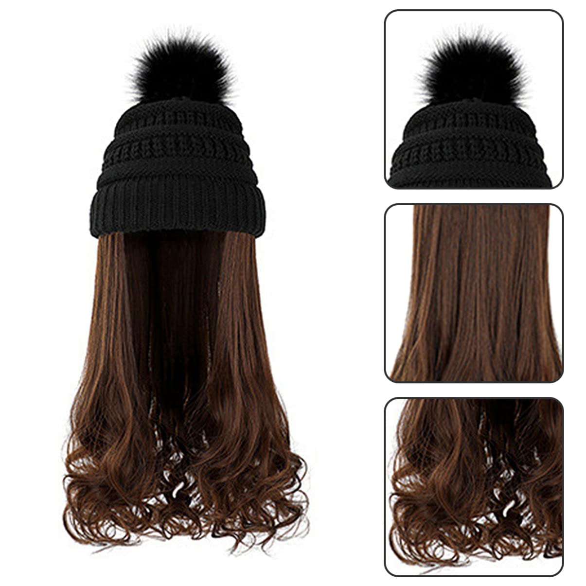 FRCOLOR Peluca de Pelo Ondulado y Gorro de Invierno de Crochet, Tamaño Único, Gorro de Punto Negro Peluca Desmontable Castaño Claro para Mujer en Fiestas y Disfraces
