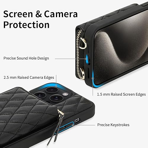 Miniatura 8 de LAMEEKU for iPhone 15 Pro Case Wallet, Crossbody Wallet Purse with Card Holder, Quilted Leather Zipper Wrist Strap RFID Blocking Cover for Women for