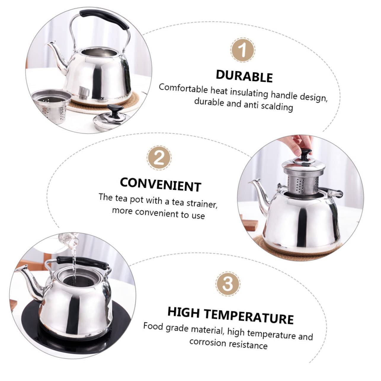 Tetera de Acero Inoxidable con emisión de Sonido, colador de té, hervidor de Agua, Mango Resistente al Calor, antiescaldaduras, para Uso doméstico y hostelería.