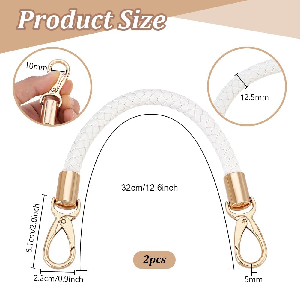 PH PandaHall 2pcs Replacement Braided Purse Straps 12.6 inch Gold White PU Imitation Leather Woven Purse Handles Craft Handbag Handle Strap for DIY Crafting Handbag Purse Tote Bag Making image 2