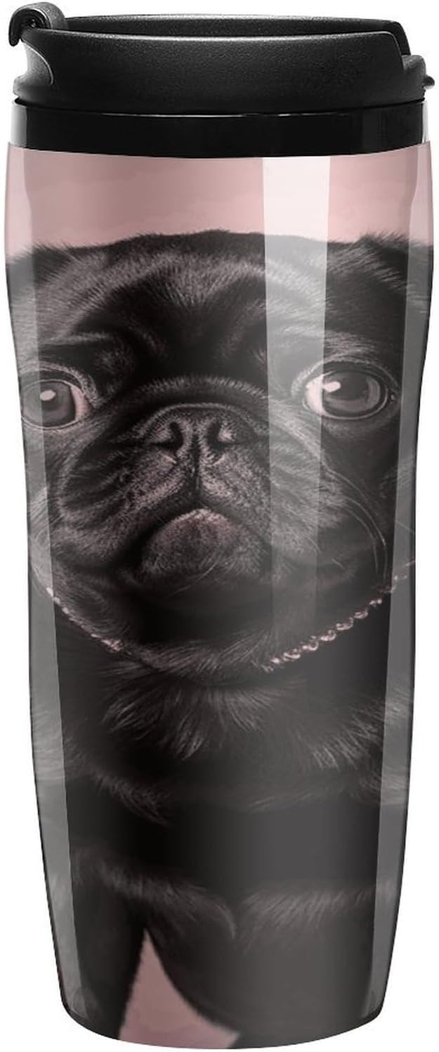 Cute Black Pug Coffee Cup Reusable Portable Water Bottle with Double-Walled Plastic,Coffee Mug for Hot & Cold Drinks, Cup Holder Friendly 350ml