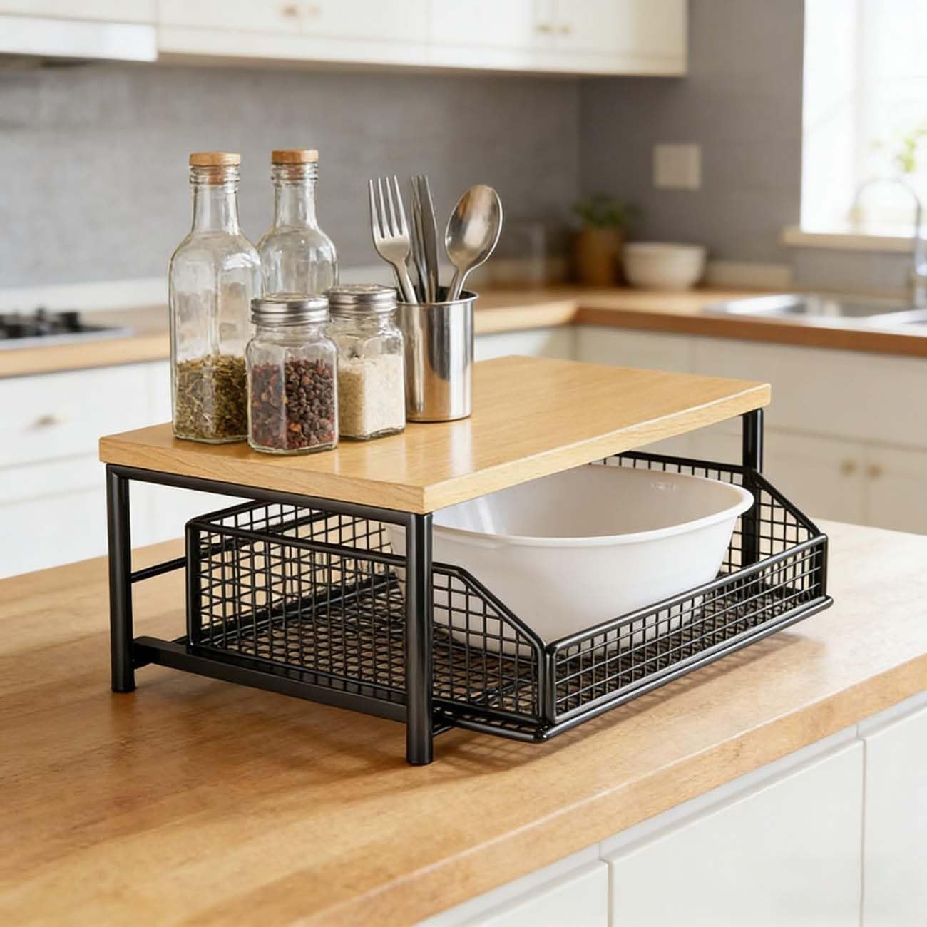 Kitchen Countertop Organizer with Drawers & Wire Basket, Shelf with Drawer for Kitchen Counter, Sturdy Hardwood Shelf, Space-Saving for Coffee Maker, Kitchenware (Natural-Black,Double)
