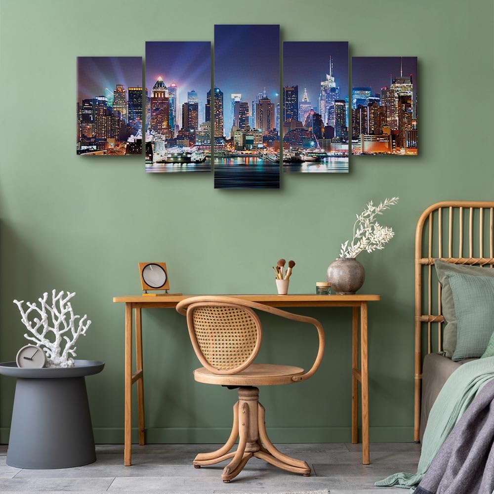 B&D XXL - Tableau Décoration 200x100 cm 5 Parties - Impression sur Toile Cadre en Bois Salon Chambre Déco Murale Tableaux Maison Bureau Cuisine - Ville New York Nuit 9020099