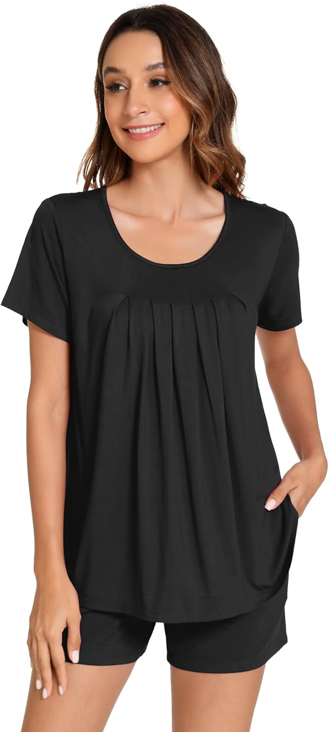 WiWi Pajamas for Women Short Sleeve Top with Shorts Viscose from Bamboo Pajama Set Cooling Sleepwear S-XXL