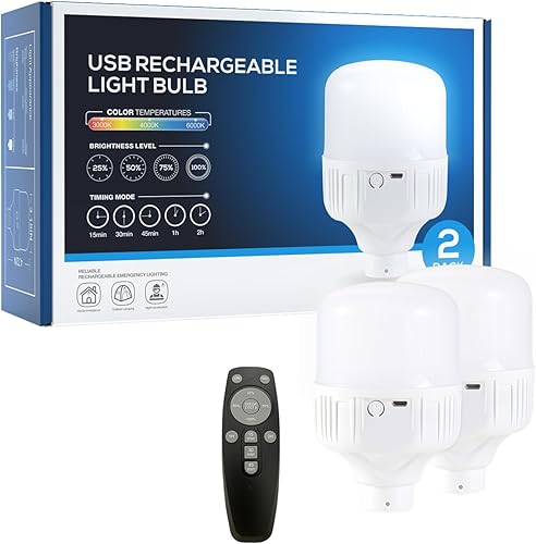 PASSICA DECOR Paquete de 2 bombillas LED recargables USB con control remoto, bombilla de emergencia regulable con pilas para corte de energía, hogar