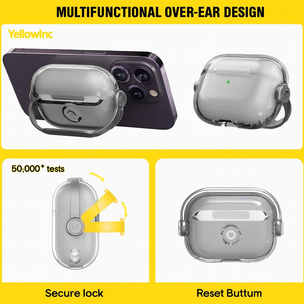 Hybrid Clear Case Cover for Apple Airpods Pro 3 (2025), Anti-Yellowing, Safety Lock, Phone Stand (Transparent Black with Lock) — Amazon image 7