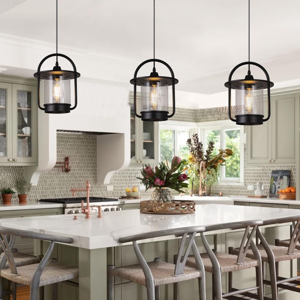 Black Pendant Lights Kitchen Island, Modern Mini Hanging Light Fixtures with Clear Glass, Farmhouse Kitchen Pendant Lighting Over Island for Sink Dining Room 2 Pack