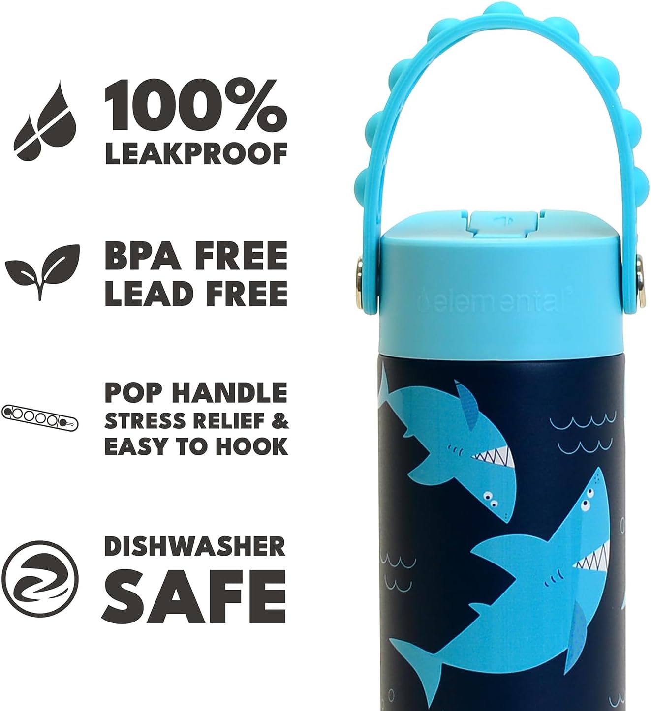 Elemental Insulated Kids Water Bottle, Stainless Steel Water Bottle with Straw Lid & Pop-It Handle, Leak-Proof Water Bottles for School, Boys or Girls, Travelling and Sports, 18oz - Sharks Ahoy - Image 5