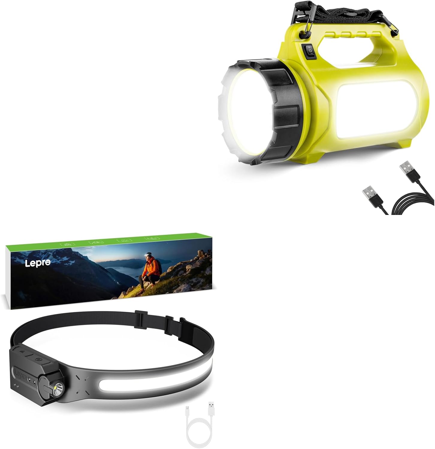 Lepro Bundle - Rechargeable LED Lantern, Camping Essentials, 1000LM, 5 Light Modes, Power Bank & 230°COB Wide Beam & Adjustable Spotlight, Waterproof Headlamp