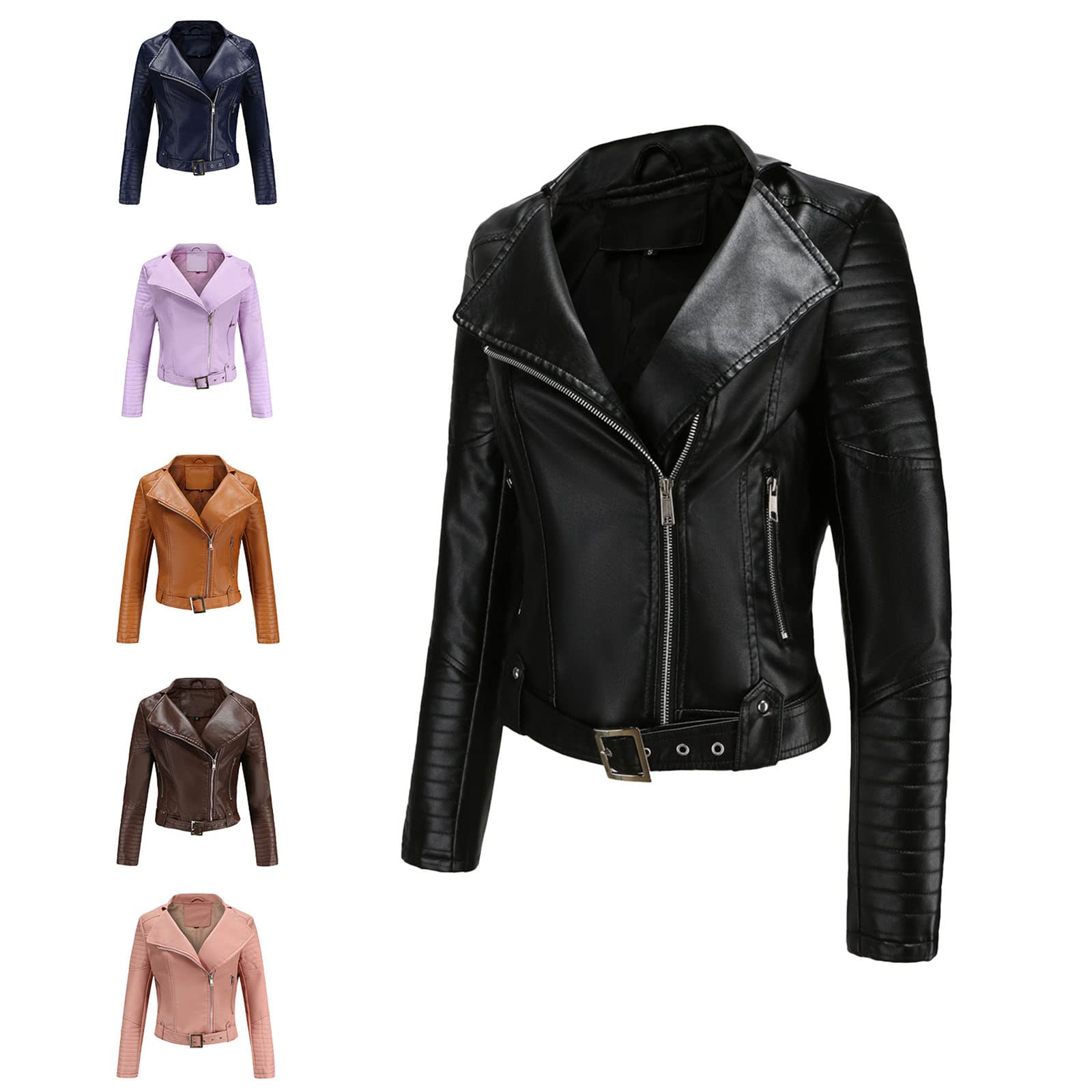 AQQYA Women's Short PU Leather Jacket For Women Belted Zip Up