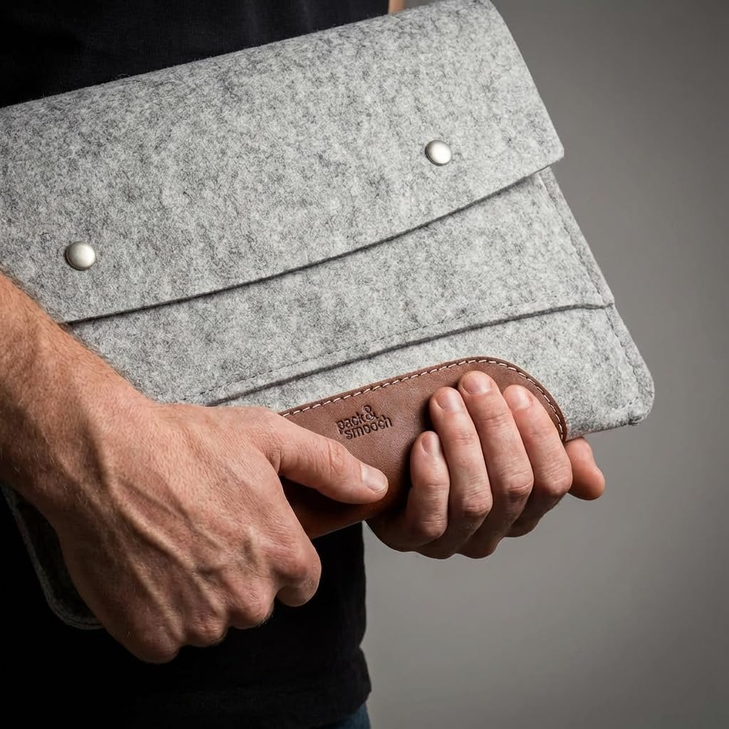 Pack & Smooch MacBook Pro 16 Funda Fieltro Gris/Marrón Claro | 100% Fieltro de lana | Cuero curtido vegetal | Compatible con MacBook Pro 16 | Hampshire
