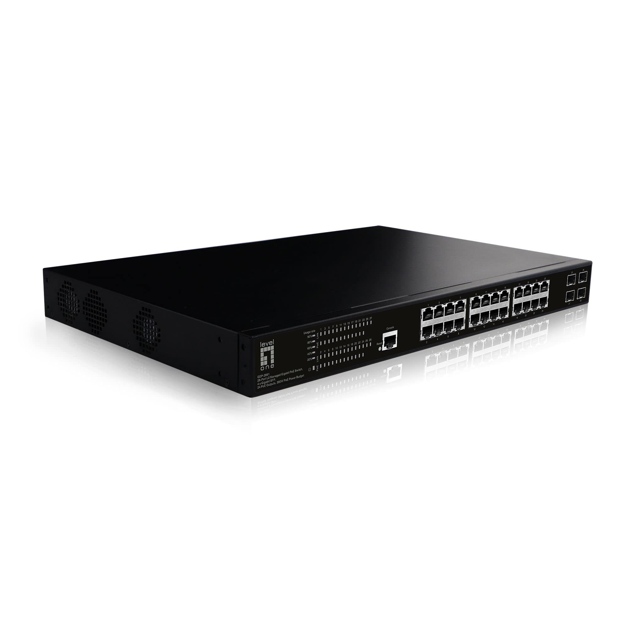 LevelOne GEP-2861 GEP-2861 L2-Managed Gigabit PoE-Switch mit 28 Ports, 4 x Gigabit-SFP, 24 PoE-Ausgänge, 390 W PoE-Leistungsbudget